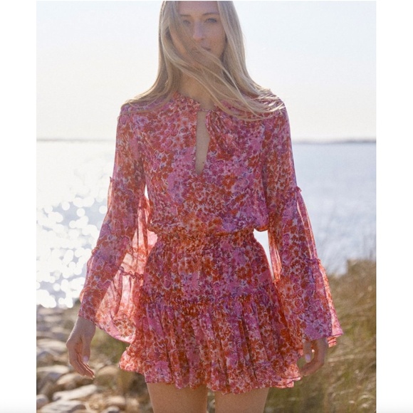 Misa Los Angeles New with Tags Leeva Mini Floral Long Sleeve Chiffon Dress Sz M - Picture 1 of 8